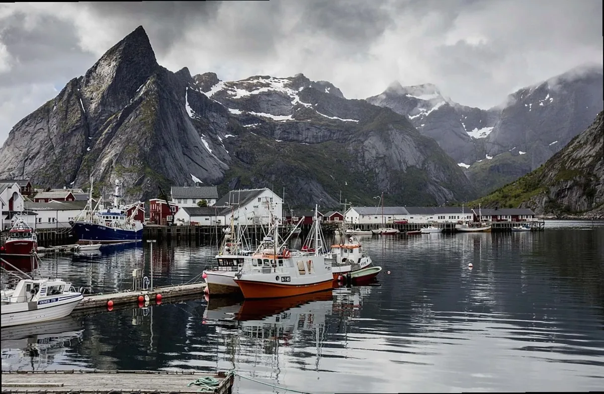 moorage, ships, water, lake, mountain, nature, scenery, nordic, reine, norway, arctic circle, landscape