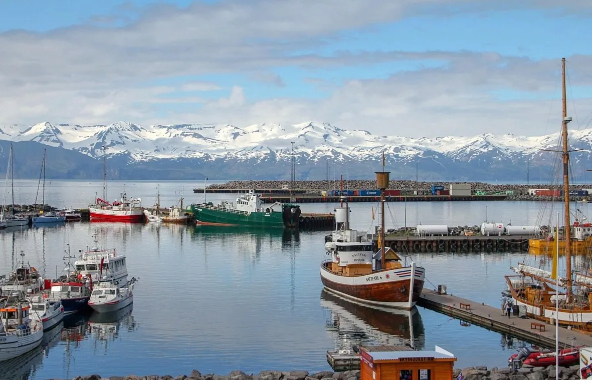 husavik, nature, iceland, port, boats, landscape, ship, sea, side, arctic, snow, travel, nordic, view